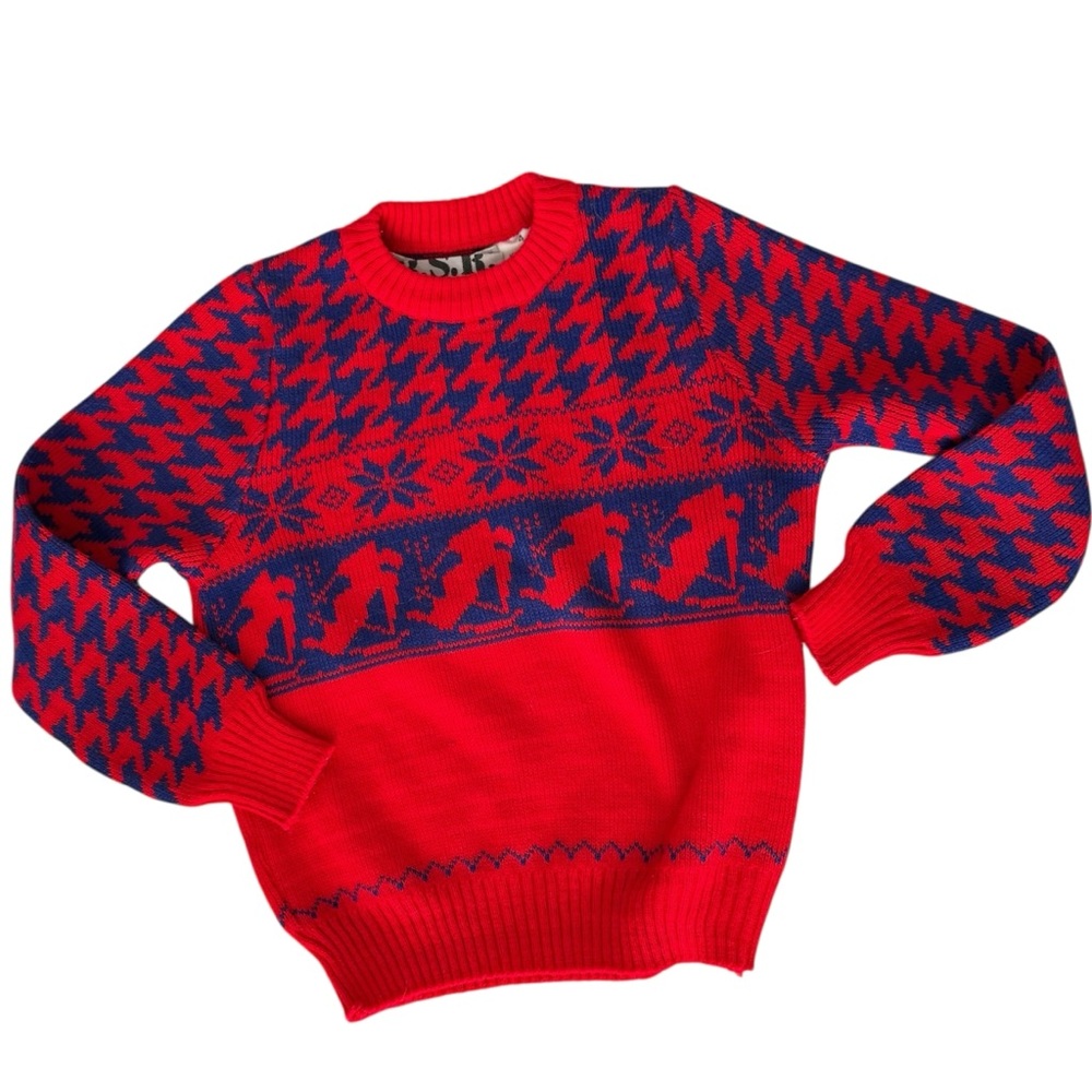 Vtg 80s 90s red blue ski crewneck sweater boy size 3 4 long sleeve winter preppy